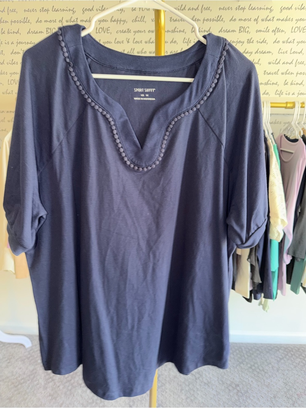 Sport Savvy Cotton Span Elbow Sleeve Top with Pom Neckline
